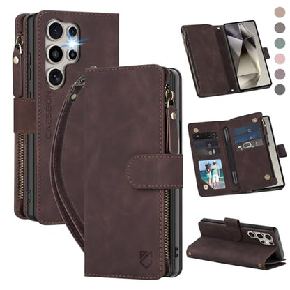 for Samsung Galaxy S24-Ultra-Wallet Case: with RFID Blocking Card Slots (6 Cards) | Soft PU Leather Magnetic Snap Zipper Pocket | Crossbody Wrist Strap Protective Phone Cover - Coffee - color: Coffee, size: Galaxy S24 Ultra（6.8‘’）