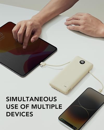 Portable Charger Built-in Cables and AC Wall Plug, USB C Power Bank 10000mAh, Travel Battery Portable Phone Charger Compact Lightweight External Battery Pack for Smart Phones, Tablets etc-Light Coffee - color: Light Coffee
