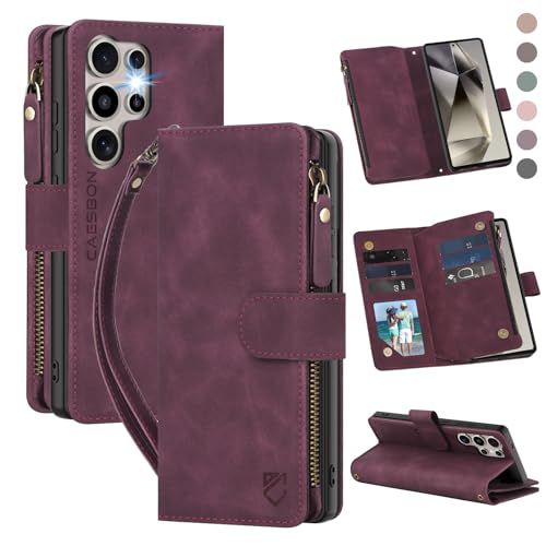 for Samsung Galaxy S24-Ultra-Wallet Case: with RFID Blocking Card Slots (6 Cards) | Soft PU Leather Magnetic Snap Zipper Pocket | Crossbody Wrist Strap Protective Phone Cover - Claret - color: Claret, size: Galaxy S24 Ultra（6.8‘’）