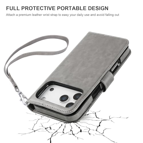 Bocasal Detachable Wallet Case Card Holder for iPhone 17 Pro Max Grey | RFID Blocking Kickstand Card Slots Holder PU Leather Magnetic Shockproof Wrist Strap Removable Flip Protective Cover 6.9 inch - color: Gray