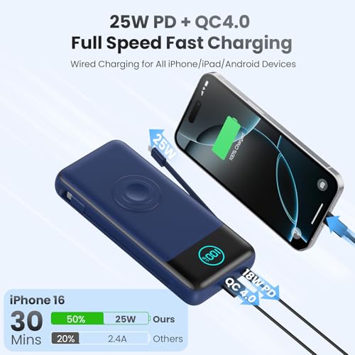 Portable Charger for iPhone with Built-in Cables and AC Wall Plug,26800mah Fast Charging USB C Power Bank,25W PD Travel Essential Battery Pack for iPhone 17/16/15/14/13,Galaxy,Apple Watch (Blue) - color: Dark Blue