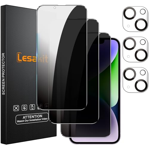 Lesakit 3+3 Pack Privacy Screen Protector for iPhone 14 Plus 6.7-Inch with 3 Pack Camera Lens Protector, Anti Spy Tempered Glass Film 9H Hardness Bubble Free Case Friendly - size: iPhone 14 Plus