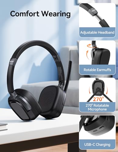 TECKNET Wireless Headset with Mic for Work, V6.0 Bluetooth Headset with AI Noise-Cancelling Microphone & USB-A Dongle, 50H Playtime & Mute, On-Ear Headphones for PC, Laptop, Phone, Office & Trucker