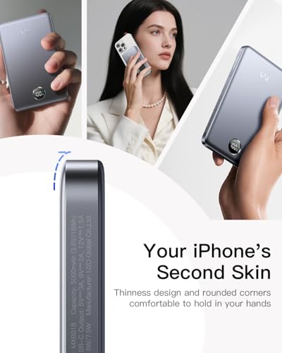 iWALK Magnetic Portable Charger, 5,000mAh Ultra-Slim Wireless Power Bank, 0.37in Thin, Weighs 4oz, LED Display, Compatible with iPhone 18/17/16/15/14/13 Series, Gray - color: Gray, size: 5000mAh