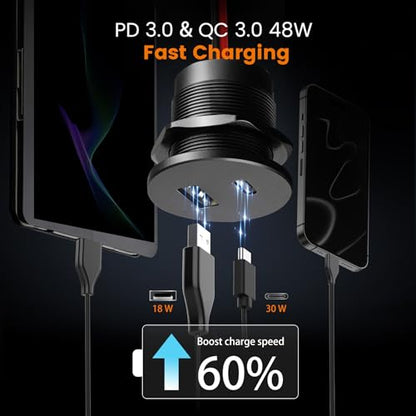 RV 12V USB Outlet Alumium Charger, 48W PD and QC Cigarette Lighter Replacement, 12 Volt Socket No Light, Flush Mount USB Port for for Trailer Camper Van Car Boat 24V - color: 1Pcs
