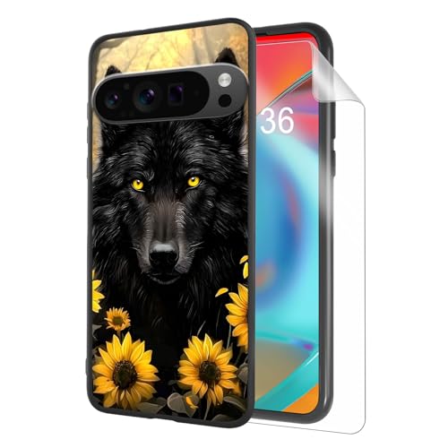 for Google Pixel 9 Pro XL Phone Case, TPU Shockproof Full Body Protection 6.8" Sunflower Wolf Cover for Pixel 9 Pro XL, Lightweight Compatible Wireless Charging, Screen Protector Film - color: Sunflower Wolf