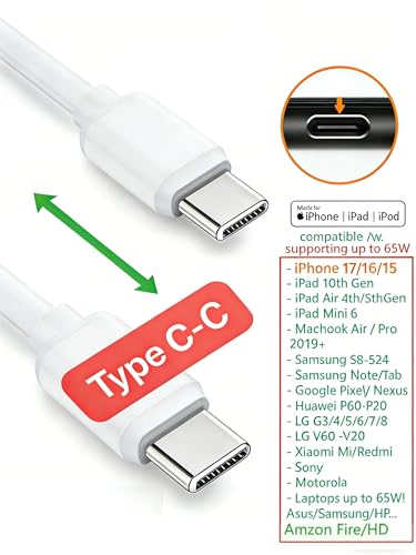 4-inch USB C-C Cables, 5 Pack, for iPhone15/iPad 10th Gen/iPad mini 6th, iPadAir 4th/5th, Samsung Galaxy S24/S23/S22/S21/S20/S10/S9/S8, Tablets, etc. (White, 4-inch) - color: White