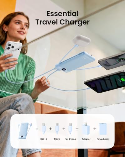 Portable Charger Built-in Cables and Wall Plug, 10000mAh Slim USB C Power Bank, LED Display External Battery Pack Compatible with iPhone/Android & More (Blue) - color: Blue