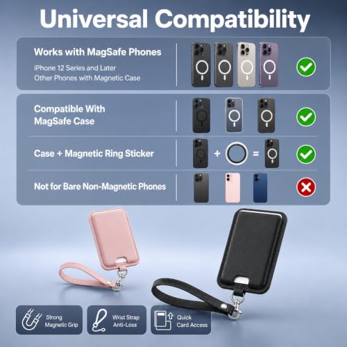 MagSafe Wallet with Wrist Strap, 3 Card Holder with RFID Blocking, MagSafe Sticker Included, Slim Magnetic Phone Wallet for iPhone 17e/17/16/15/14/13/12 Series and Selected Samsung Devices - color: Black