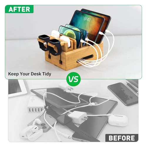 Bamboo Charging Station for Multiple Devices, Desktop Organizer Docking Station, Natural Bamboo Desk Storage Stand for Phone, Tablet, Earbuds, Smart Watch (Power Adapter Not Included)