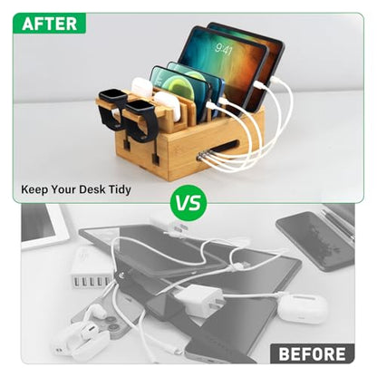 Bamboo Charging Station for Multiple Devices, Desktop Organizer Docking Station, Natural Bamboo Desk Storage Stand for Phone, Tablet, Earbuds, Smart Watch (Power Adapter Not Included)