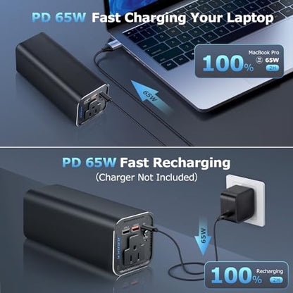 Portable Power Bank with 100W AC Outlet, 99.9Wh/27000mAh High Capacity, and 65W PD Bidirectional Fast Charging – Backup Power for Laptops, Business Travel, and Outdoor Emergency Activities