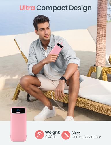 aonidi Portable Charger 12000mAh with Built-in Cables&AC Wall Plug, Pink - color: Pink