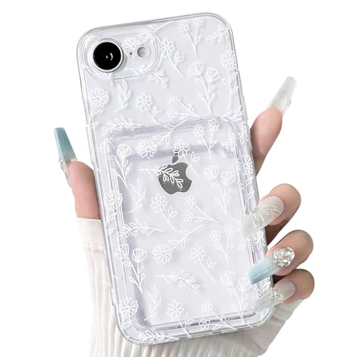 NITITOP Compatible with iPhone 16e Case Clear with Card Holder Cute Flower Floral Leave Pattern for Women Girl Shock Absorbing Soft TPU Wallet Case Protective Phone Cover - White - color: White, size: iPhone 16e