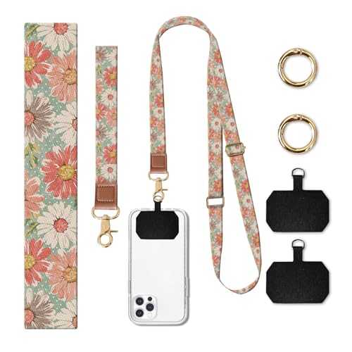 Phone Lanyard Crossbody Wrist Strap, Cute Cell Phone Lanyards for around the Neck Wristlet Wrist Strap - color: Retro Boho Flowers
