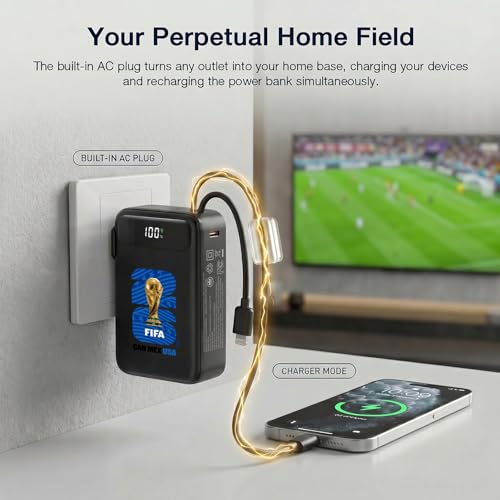 2026 FIFA Licensed Power Bank with Built-in Cable and Foldable Wall Plug, 22.5W 10000mAh Portable Charger, 3-in-1 Power Bank for iPhone 17, FIFA World Cup 2026 Official Merchandise, Blue USA Badge - color: Blue USA Badge