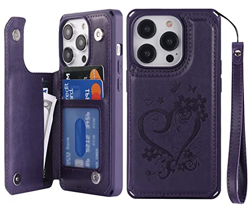 iCoverCase Compatible with iPhone 14 Pro Wallet Phone Case with Card Holder for Women, RFID Blocking Embossed PU Leather Wrist Strap Case 6.1 Inch (Heart Dark Purple) - color: H-Dark Purple