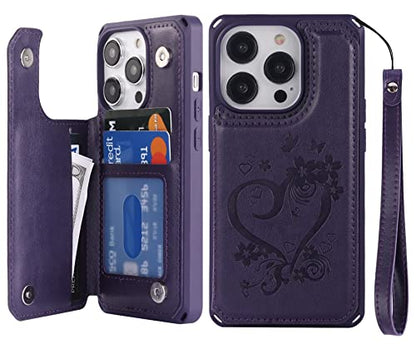 iCoverCase Compatible with iPhone 14 Pro Wallet Phone Case with Card Holder for Women, RFID Blocking Embossed PU Leather Wrist Strap Case 6.1 Inch (Heart Dark Purple) - color: H-Dark Purple