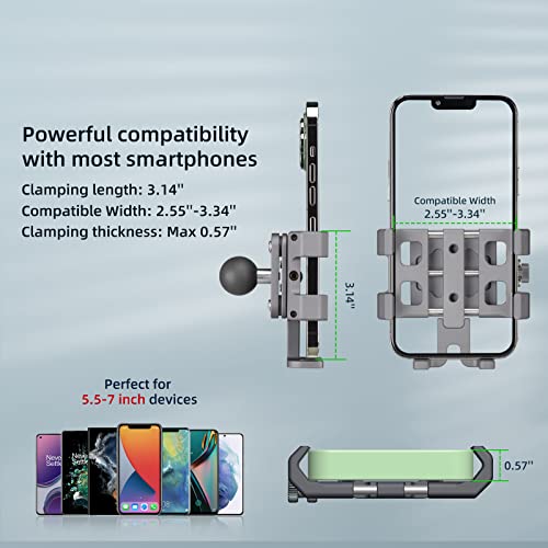FANAUE Anti-Vibration Motorcycle Phone Mount with 1 Inch Ball Head for RAM Mounts B Size Double Socket Arm and Bike Phone Holder, Aluminum Anti-Theft Phones Clip for 5.5-7" Smartphone