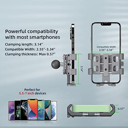 FANAUE Anti-Vibration Motorcycle Phone Mount with 1 Inch Ball Head for RAM Mounts B Size Double Socket Arm and Bike Phone Holder, Aluminum Anti-Theft Phones Clip for 5.5-7" Smartphone