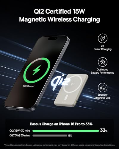 Baseus Picogo Power Bank, Smallest Qi2 Certified 15W MagSafe Portable Charger, 0.5" Ultra Slim 5000mAh Magnetic Battery Pack with Stand, Alloy Wireless Charger for iPhone 17 Pro Max/17 Air/16 Series - color: Natural Titanium