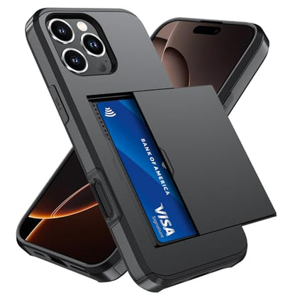 Qinmay Compatible with iPhone 16 Pro Case with Card Holder, Dual Layer Shockproof,Heavy Duty Protective Hidden Slot Slim Wallet Phone Cover，Black - color: Black, size: for iPhone 16 Pro