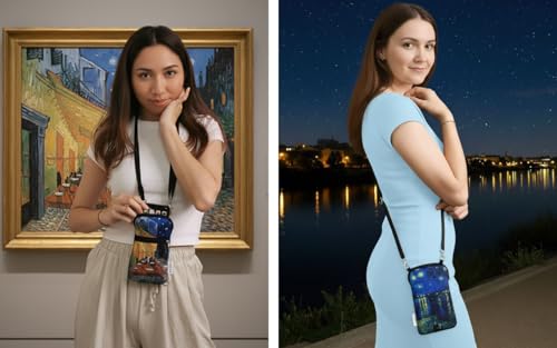 Tainada Crossbody Phone Bag w/Neck Strap (Van Gogh Café Terrace at Night) | For Men/Women; Water-resistant, shockproof, lightweight dual zipper neoprene pouch; Compatible with most of smartphones - color: Van Gogh Café Terrace at Night