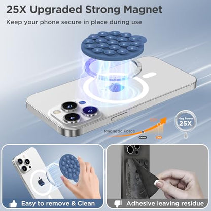Magnetic Suction Cup Phone Mount, Compatible with MagSafe, Silicone Octo Cup Buddy Sticky Grip Holder for iPhone and Android, Removable Hands-Free Selfie/Video for TikTok, Azure Blue - color: Azure Blue