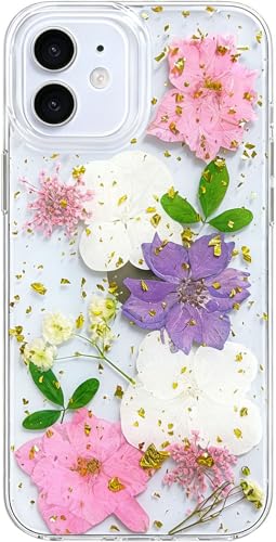 Abbery Designed for iPhone 12 Mini Pressed Flower Case, Cute Bling Glitter Sparkle Clear with Design Soft Silicone TPU Rubber Dried Real Floral Aesthetic Case for Women Girls (Glitter Pink Flower) - color: Sparkle Pink, size: for iPhone 12 Mini