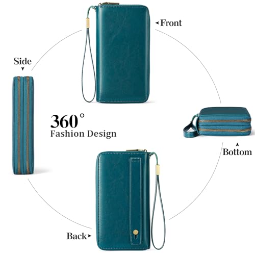 GAEKEAO RFID Leather Wristlet Wallet for Women with Grip Strap | Large capacity clutch wallet, credit card holder, wrist strap, zipper purse, travel and shopping - color: A08 Wax Peacock Blue