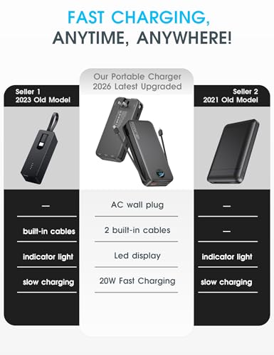 citicr Portable Charger 20000mAh PD20W w/Built-in Cables & Wall Plug Black - color: Ebony