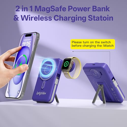 Magnetic Portable Charger Built-in Cables,10000mAh Fast Charging Wireless Charger Station External Battery Pack Slim Pocket Size Power Bank with Stand Compatible with iWatch, iPhone - color: Blue