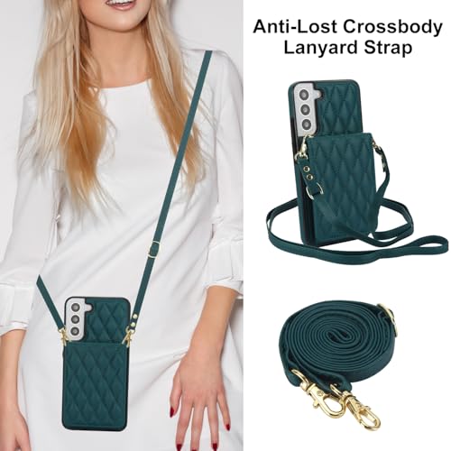 Phone Case for Samsung Galaxy S22 5G Wallet Cover with Tempered Glass Screen Protector Credit Slot Card Holder Crossbody Strap Stand RFID Blocking S 22 22S 4G G5 6.1 inch Women Men Girls Dark Green - color: Dark Green