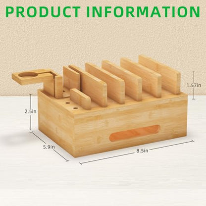 Bamboo Charging Station with Watch Stand, Desktop Charging Station Organizer, Wood Docking Station for Phones, Tablets, Watch, Earbuds (No Power Supply)