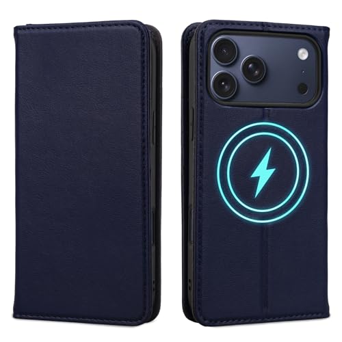 for iPhone 17 Pro Max 6.9" Wallet Case Card Holder Blue | Magsafe Compatible,RFID Blocking,Kickstand,Folio Cover,Genuine Leather - color: Blue, size: 6.9" iPhone 17 Pro Max