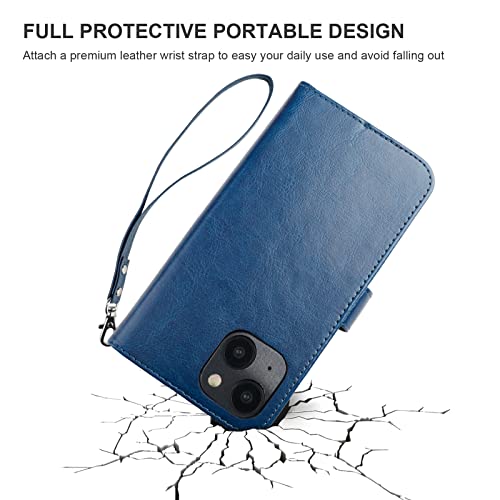Bocasal Detachable Wallet Case Card Holder for iPhone 14 Plus, Blue | RFID Blocking Kickstand Card Slots Holder PU Leather Magnetic Shockproof Wrist Strap Removable Flip Protective Cover 6.7 inch - color: Blue