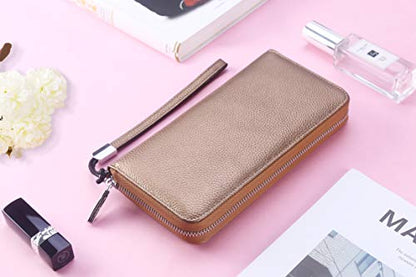 Small Compact Women Wallet RFID Blocking Genuine Leather Bifold Purse with ID Windows - color: 1- Pebbled Brown Gold, size: One Size