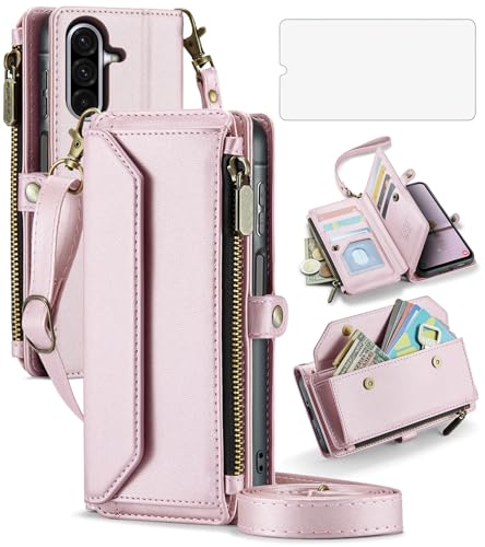 Asuwish Phone Case for Samsung Galaxy A17 5G Zipper Wallet Cover with Tempered Glass Screen Protector and Flip RFID Blocking Credit Card Holder Stand Cell Accessories A 17 17A 4G Women Girls Rose Gold - color: Rose Gold