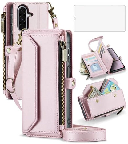 Asuwish Phone Case for Samsung Galaxy A17 5G Zipper Wallet Cover with Tempered Glass Screen Protector and Flip RFID Blocking Credit Card Holder Stand Cell Accessories A 17 17A 4G Women Girls Rose Gold - color: Rose Gold