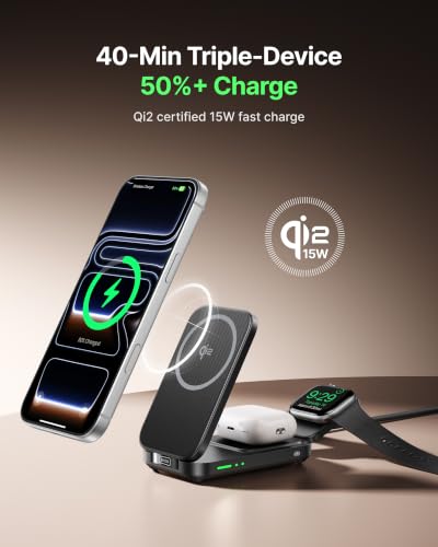 INIU 3 in 1 Foldable Wireless Charging Station, 15W Fast Mag-Safe Charger - color: Black