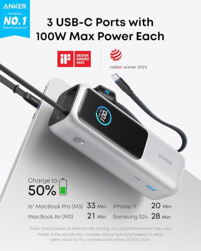 Anker Laptop Power Bank, 25,000mAh Travel Essential with 165W Total Output - color: Silver