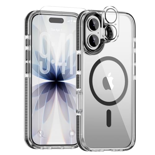 Full Body Protection Kit for iPhone 17 Case, MagSafe Compatible Clear Cover, Black Non-Slip Grip Bumper, N52 Magnetic Backing, Includes Tempered Glass Screen Protector and Lens Film - color: Clear Black non-slip, size: iPhone 17