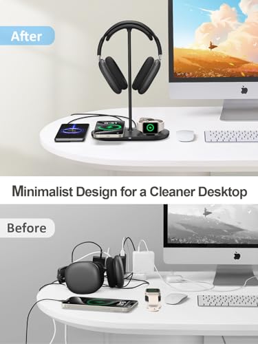 4 in 1 Headphone Stand, 15W Wireless Charger for Airpods/iPhone/iWatch - color: Dark Black