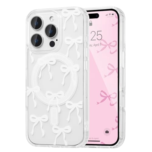UEEBAI Magnetic for iPhone 13 Pro Max Case, Bow Case Compatible with MagSafe, Wireless Slim Clear Ribbon Aesthetic Phone Cover Anti-Yellowing Shockproof Protective Cover for Women Girl - White - color: White, size: iPhone 13 Pro Max