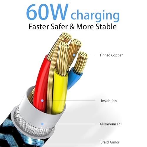 Teeind USB C Cable, [6ft, 3-Pack 60W] PD 3.0 USB C Cable Fast Charging for Samsung Galaxy A10e A20 A50 A51 A71, S20 S10 S9 S8 Plus S10E, Note 20 10 9 8, Moto G7 G8