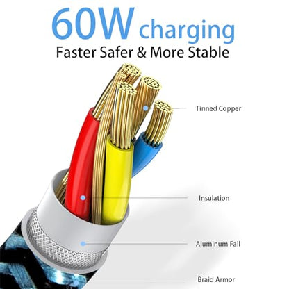 Teeind USB C Cable, [6ft, 3-Pack 60W] PD 3.0 USB C Cable Fast Charging for Samsung Galaxy A10e A20 A50 A51 A71, S20 S10 S9 S8 Plus S10E, Note 20 10 9 8, Moto G7 G8