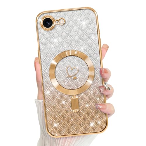 Bonoma Compatible with iPhone 17e Case Heart Glitter Checkered -Gold | iPhone 16e Case Support for MagSafe, Plating Magnetic Case TPU Camera Protection Back Cover for Girls Women - color: Checkered-Gold, size: iPhone 16e / iPhone 17e