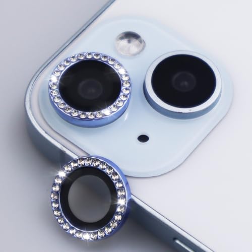 Camera Lens Protector for iPhone 15/15 Plus/14/14 PlusBling Diamond Metal Ring Rhinestone Tempered Glass Lens Cover Accessories (Blue) - color: Blue