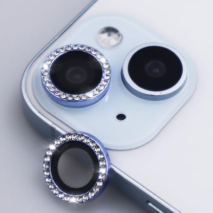 Camera Lens Protector for iPhone 15/15 Plus/14/14 PlusBling Diamond Metal Ring Rhinestone Tempered Glass Lens Cover Accessories (Blue) - color: Blue