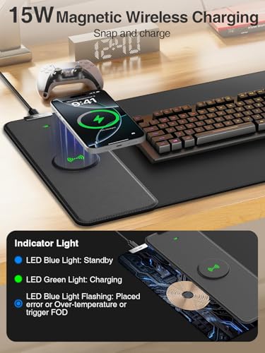 Magnetic Wireless Charging Mouse Pad, 31.5"x11.8" Large Desk Mat - color: Black-31.5"x11.8"-Mag